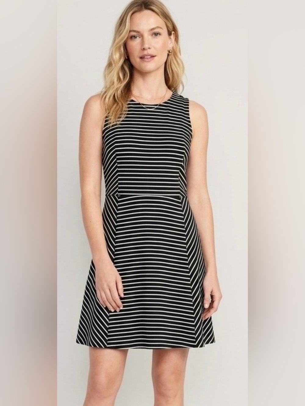 J. Crew Dress Black & White Stripped Sleeveless Fit & Flare Exposed Back Zip 14👍